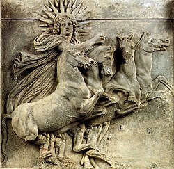Helios with a radiate halo driving his chariot (Ilion, 4th century BC; Pergamon Museum)