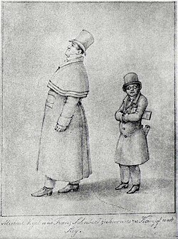 The diminutive Franz Schubert with his tall friend and collaborator Johann Michael Vogl. Caricature drawing by Franz von Schober