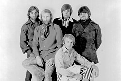 The Beach Boys in 1968, left to right: Dennis, Love, Carl (top), Jardine, Bruce Johnston