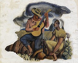 “Music of the Plains”, by Xavier Gonzalez. This New Deal-era artwork features a cowboy of Mexican heritage serenading a woman[95]