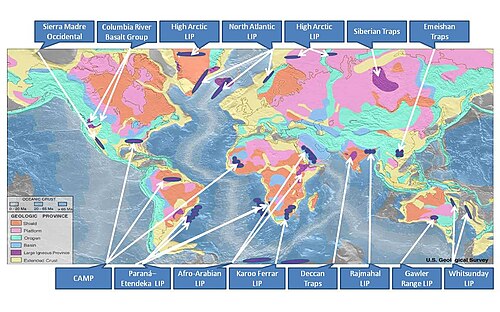 Only a few of the largest large igneous provinces appear (coloured dark purple) on this geological map, which depicts crustal geologic provinces as seen in seismic refraction data.