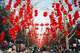 Red lanterns are hung from the trees during the Chinese New Year celebrations in Ditan Park (Temple of Earth) in Beijing.