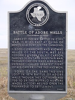 Historical Marker for First Battle of Adobe Walls.35°53′32.157″N 101°26′51.06″W / 35.89226583°N 101.4475167°W / 35.89226583; -101.4475167 (First Battle of Adobe Walls)