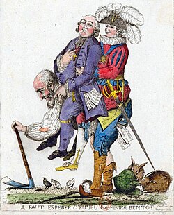 Satire of the three estates from 1789; the hard-working Third Estate carries the lazy nobility and clergy. The legend reads A faut espérer q[u]'eu jeu là finira b[i]entôt ("Hopefully, this game will be over soon"), prefiguring the French Revolution.