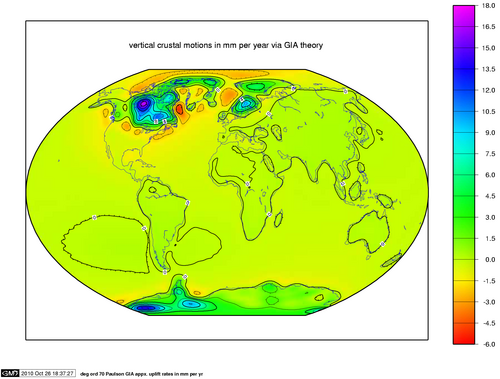 A model of present-day mass change due to post-glacial rebound and the reloading of the ocean basins with seawater. Blue and purple areas indicate rising due to the removal of the ice sheets. Yellow and red areas indicate falling as mantle material moved away from these areas in order to supply the rising areas, and because of the collapse of the forebulges around the ice sheets.