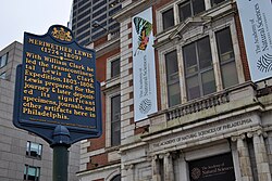 A historical marker outside present-day Academy of Natural Sciences of Drexel University in Philadelphia, where Lewis met with scientists and purchased supplies in May 1803 before the expedition
