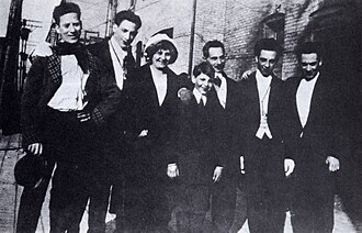 The only known photo of all five Marx brothers with their parents in New York City, 1915; from left: Groucho (25 years old), Gummo (22), Minnie (mother), Zeppo (14), Frenchie (father), Chico (28), and Harpo (27)