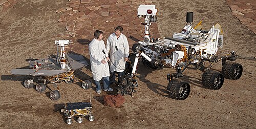 Three different Mars rover designs: Sojourner, MER and Curiosity