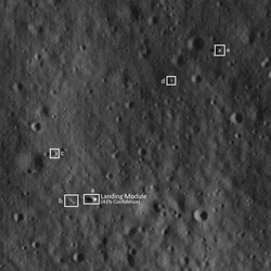 LRO image of the proposed 2026 landing site, with possible lander (a) and other possible hardware (b-e).