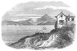 The sea mills at the bay of Argostoli (1849) were a natural curiosity in the 19th century. Mount Ainos in the background.