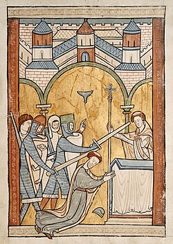 A 13th-century manuscript illumination, the earliest known depiction of Archbishop Thomas Becket's assassination in Canterbury Cathedral in 1170. British Library, London