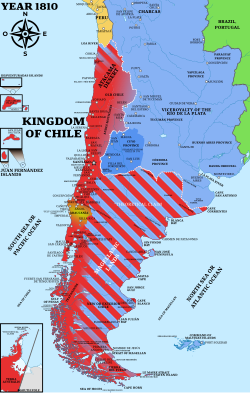 Territory legally belonging (with or without effective control) to the Captaincy General or Kingdom of Chile in 1810 highlighting the historiographical disputes surrounding it, as well as the Araucanía, a territory under indigenous self-government that belongs to Chile. In 1776 the Viceroyalty of the Río de la Plata was created and the territories of the cities of Mendoza and San Juan got transferred to the new entity.[16][17][18][19]