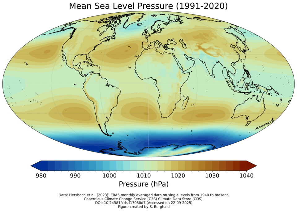 30-year (1991–2020) mean sea level pressure based on ERA5 reanalysis data