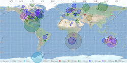 World map in equirectangular projection of the impact structures on the Earth Impact Database as of November 2017 (in the SVG file, hover over a structure to show its details)