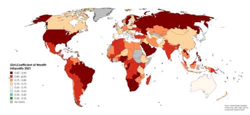 A map showing Gini coefficients for Wealth within countries for 2021.[1]