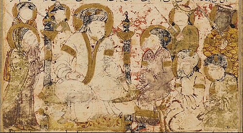 Miniature from an early 14th-century copy of the Samanid-period Tarikhnama of Bal'ami (d. 992–997 CE) depicting al-Saffah (r. 750–754) as he receives pledges of allegiance in Kufa. This is the earliest known extant prose book in the Persian language.