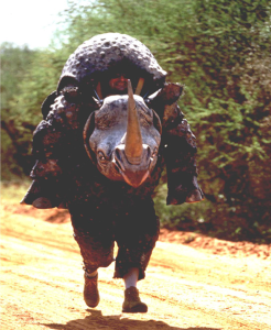 Adams climbing Mount Kilimanjaro in 1994, while wearing a rhino costume, for the charity Save the Rhino.