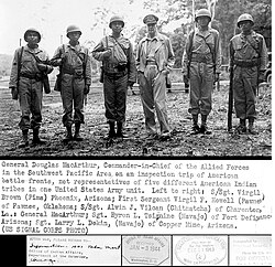 General Douglas MacArthur meeting Native American troops from (L-R) Pima, Pawnee, Chitimacha, and Navajo people