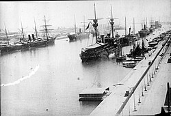 Cámara's squadron in the Suez Canal in July 1898. His flagship, the battleship Pelayo, can be seen in the foreground. The last ship in the line is the armored cruiser Emperador Carlos V. The squadron never saw combat.