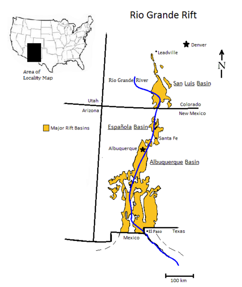 Locality map showing the Rio Grande rift extending from southern Colorado to Chihuahua, Mexico. The Rio Grande follows this rift for much of its course.