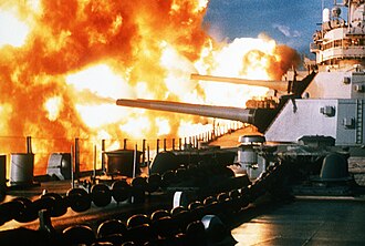 The battleship USS New Jersey fires at positions near Beirut on 9 January 1984 during the Lebanese Civil War.