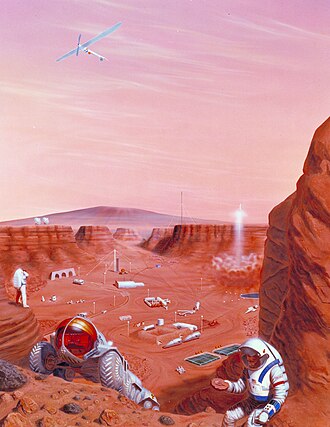 Various technologies and devices for Mars are shown in the conceptual illustration of a Mars base.