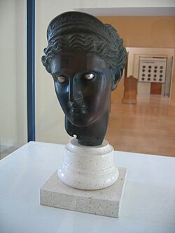 Praxitelean bronze head of a goddess (probably Artemis), wearing a lunate crown, 4th century BCE. Found at Issa, Vis, Croatia).