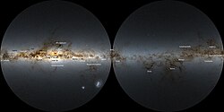 Structure of galactic space of the Milky Way, as viewed from the Solar System, with dark nebulas (white text) and star clouds (black text) labeled