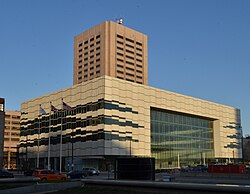 Global Center for Health Innovation under construction in 2012. The window shape is meant to mimic DNA structure.