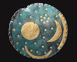 The solar disk, crescent Moon and stars as shown on the Nebra sky disk (c. 1600 BC)
