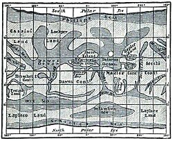 Richard A. Proctor's map of Mars, which named albedo features after astronomers. North is at the bottom, as seen through an inverting telescope.