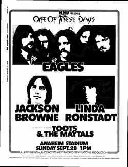 1975 concert poster from Anaheim, CA featuring Linda Ronstadt, The Eagles (band), Jackson Browne, and Toots and the Maytals with whom Ronstadt toured on several dates