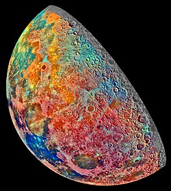 An artificially colored mosaic constructed from a series of 53 images taken through three spectral filters by Galileo's imaging system as the spacecraft flew over the northern regions of the Moon on 7 December 1992. The colors indicate different materials.