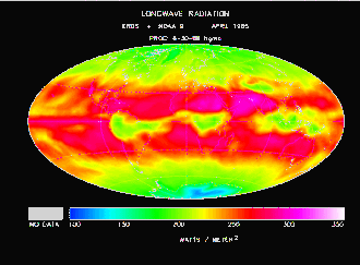 Earth's longwave thermal radiation intensity, from clouds, atmosphere and surface.