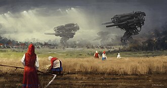 A painting by Jakub Różalski depicts an alternative history of the 1920s in Scythe, in which rural peasants must contend with giant mechanical walking tanks.