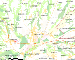 Map of the commune of Lannemezan and nearby communes