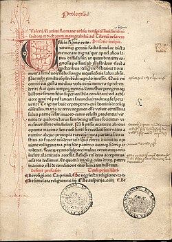 Page from Valerius Maximus, Facta et dicta memorabilia, printed in red and black by Peter Schöffer (Mainz, 1471). The page exhibits a rubricated initial letter "U" and decorations, marginalia, and ownership stamps of the "Bibliotheca Gymnasii Altonani" (Hamburg).