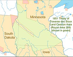 Map showing the boundaries of the 1851 Treaty of Traverse des Sioux land cession area (Royce Area 289)