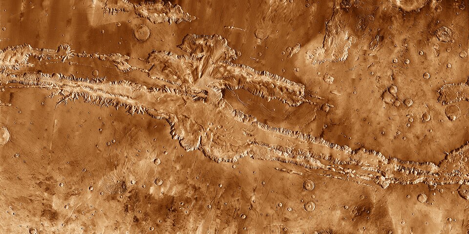 Valles Marineris in mosaic of THEMIS infrared images from 2001 Mars Odyssey