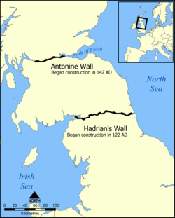 Map showing the location of Hadrian's Wall and the Antonine Wall in Scotland and Northern England