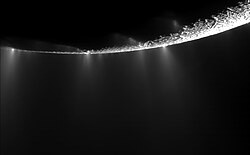At Enceladus's south pole, geysers spray water from many locations along the tiger stripes.[165]