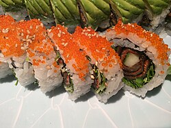 The BC roll is a kind of sushi containing barbecued salmon and cucumber
