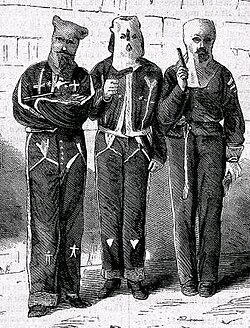 Three Ku Klux Klan members arrested in Tishomingo County, Mississippi, September 1871, for the attempted murder of an entire family.[80]