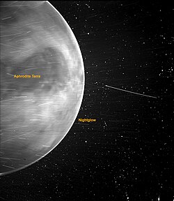 Nightglow is since 2022 considered the most likely candidate for the ashen light, visible as bright line along the limb of Venus in this visible light near-infrared image. The surface and its features, like the visible Ovda Regio plateau of Aphrodite Terra as the dark patch, is much less discernible by the human eye, though some people reporting ashen light might be seeing the surface due to higher sensitivity in the spectrum that the surface glows.
