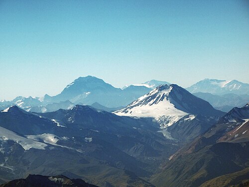 Tupungato volcano seen from south. Mount Aconcagua in the background.