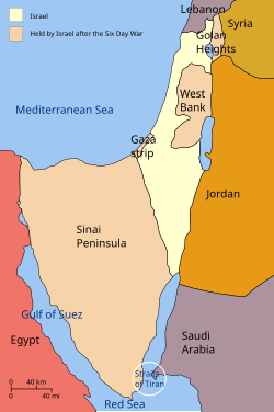 Territory held by Israel: before the Six-Day War after the war The Sinai Peninsula was returned to Egypt in 1982.