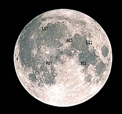 Annotated image of the near side of the Moon showing the location of retroreflectors left on the surface by Apollo and Lunokhod missions[18]
