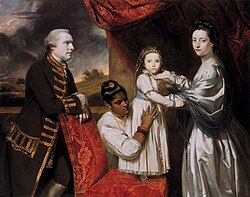 Tysoe Hancock and his family with an Indian maid, Clarinda, painted 1765 by Joshua Reynolds. As she appears to be caring for the child, she may be an aya.