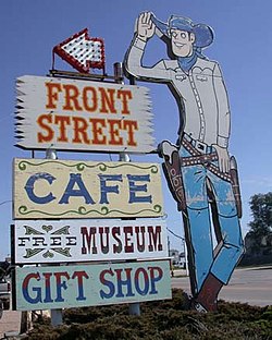 Sign for "Front Street" a popular Old West-themed tourist attraction in Ogallala