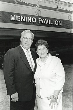 Menino and his wife, Angela, pose outside of the Menino Pavilion (named for him) at the Boston Medical Center in 2002